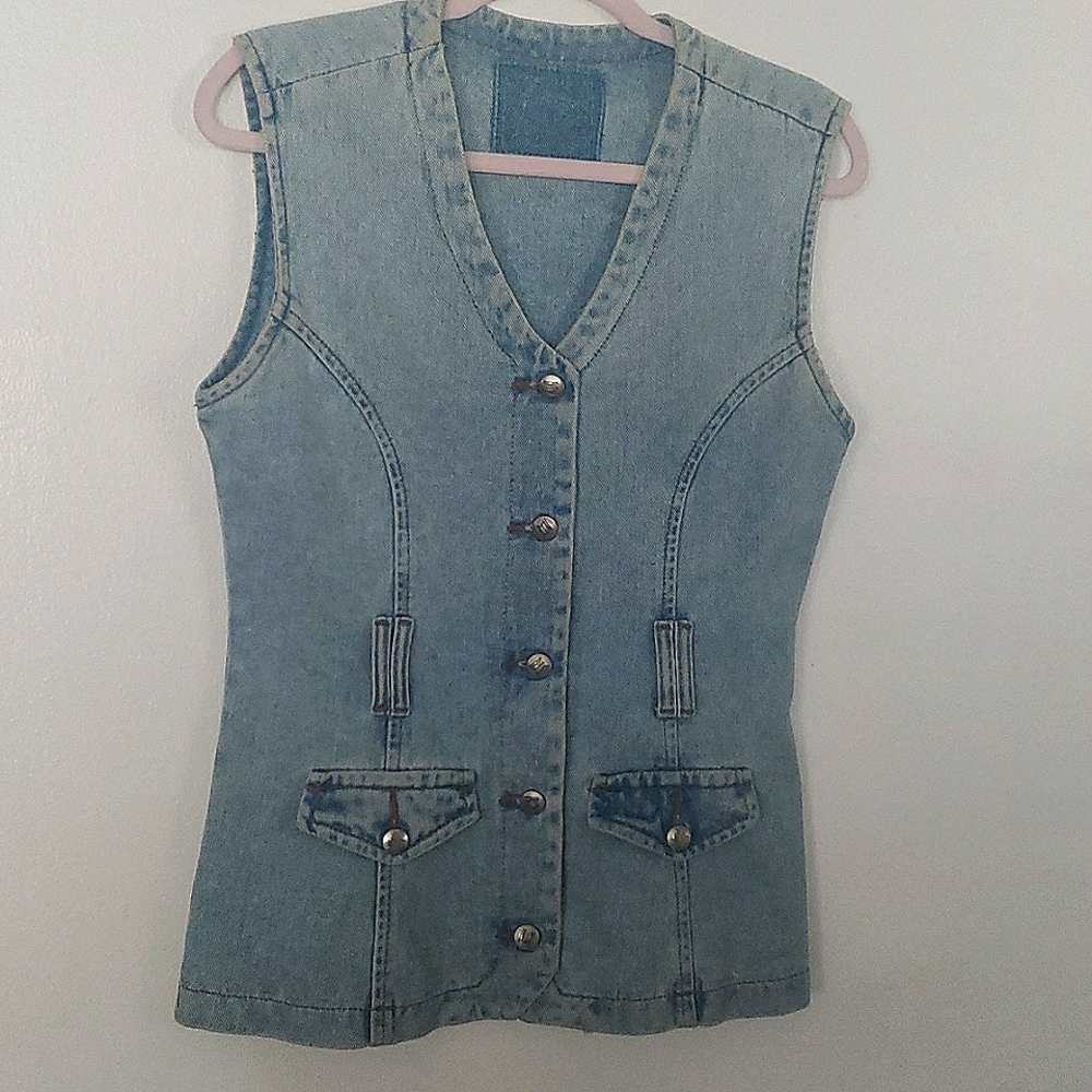 Denim Vest, taylored fit soft classic blue retro Vintage w/belt loops Sz M/L